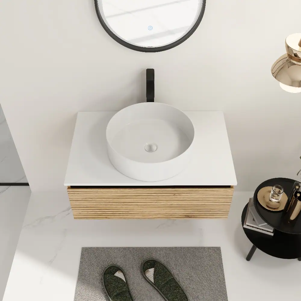 Alt View 1. Loheer - Loheer 30 inch wall mounted bathroom vanity with white art ceramic sink and soft close drawer - Light Coffee.