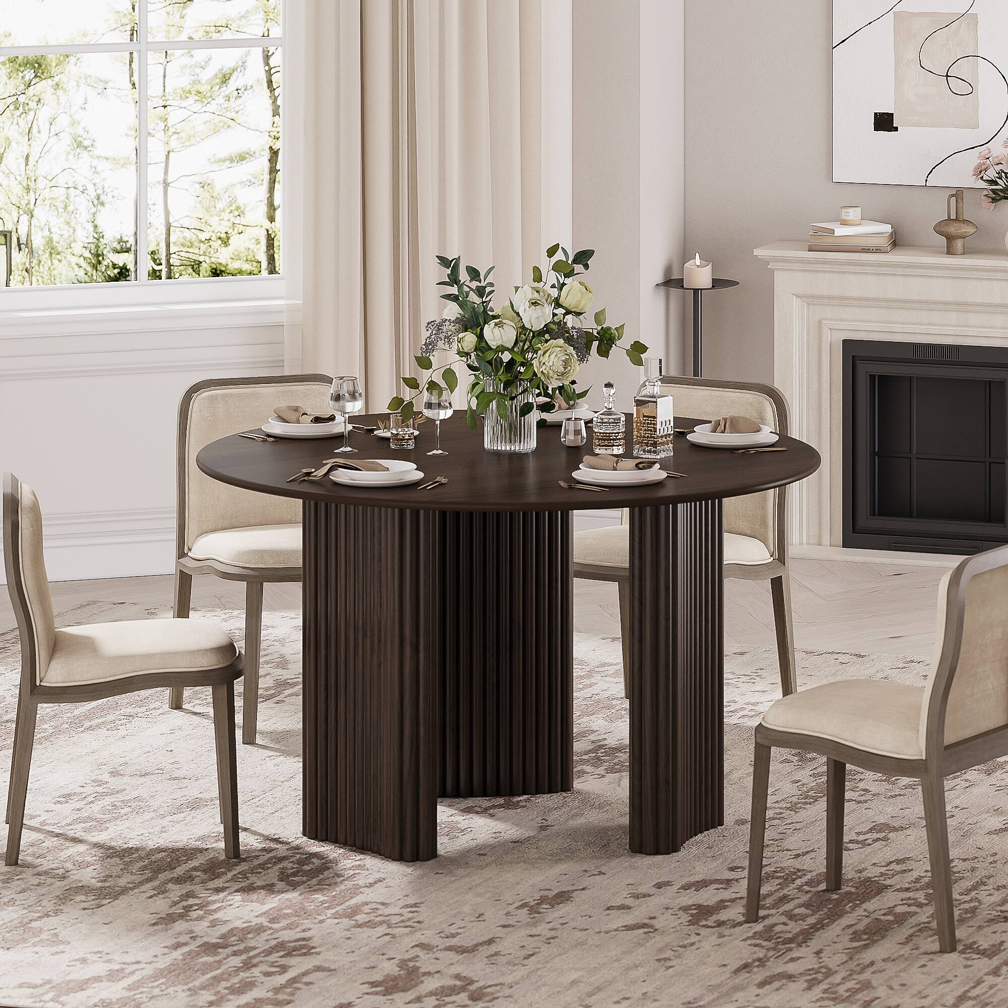 PexFix - Solid Oak Farmhouse Dining Table for 4, 46" Minimalist Round Kitchen Table with 3-Leg Base - Walnut