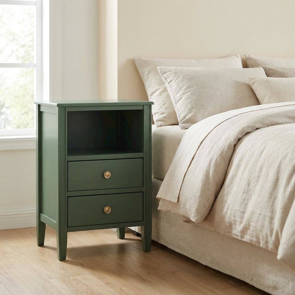 Left. FurniFact - Vintage Green 2-Drawer Bedroom Nightstand with Traditional Hardware - Green.