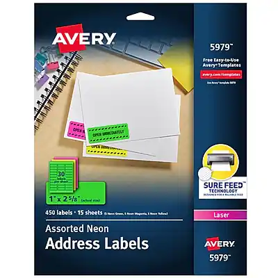 AVERY 5979
Free Easy-to-Use Avery Templates
avery.com/templates
OPEN IMMEDIATELY
SPEN 30
1" x 2 25/8"
SURE FEED TECHNOLOGY
450 labels - 15 sheets
Assorted Neon Address Labels
Laser
AVERY 5979