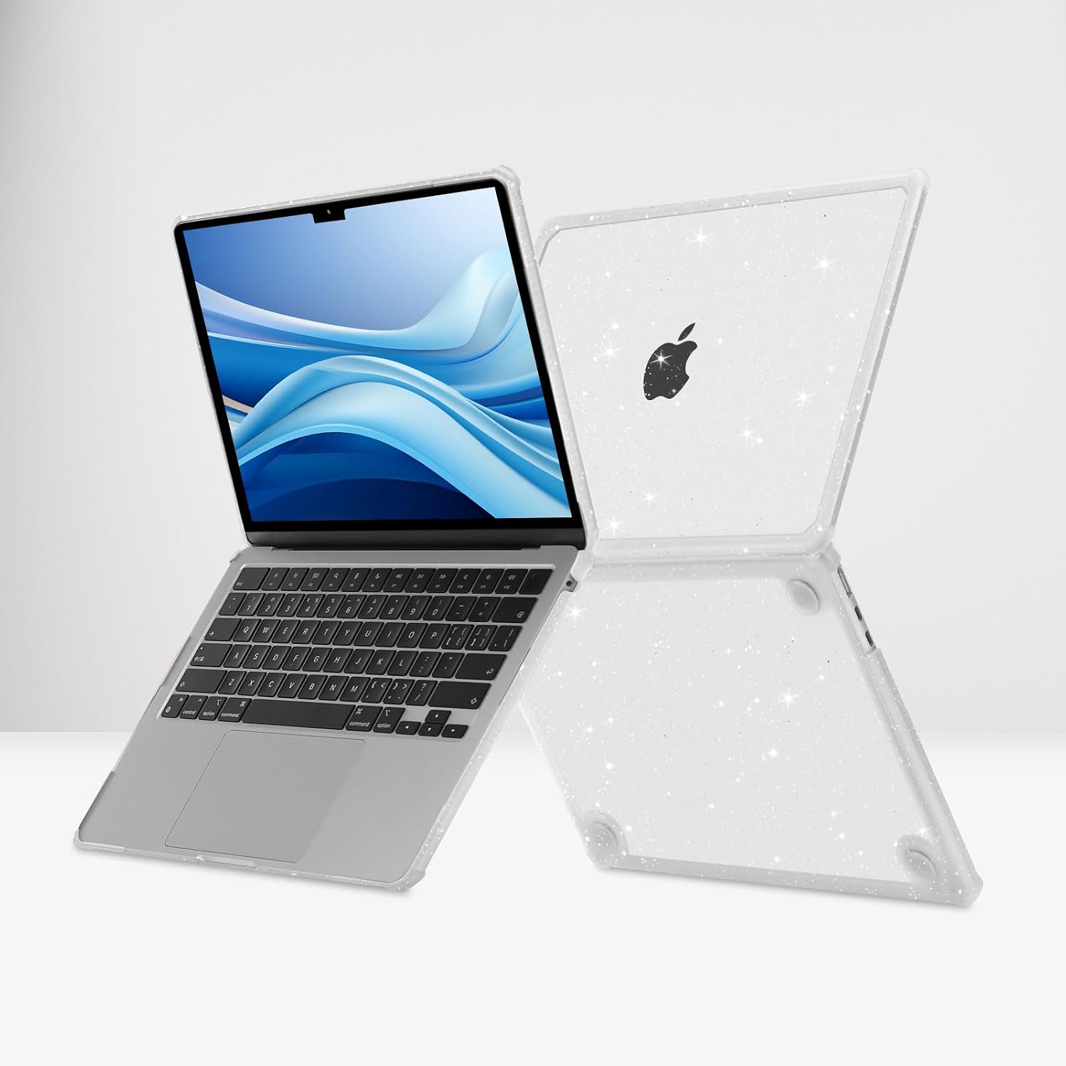 Back. mosiso - For MacBook Air 13.6 inch M5 A3449 M4 A240 M3 A3113 M2 A2681 2026-2022, Glitter Plastic Hard Shell with TPU Bumper - Transparent.