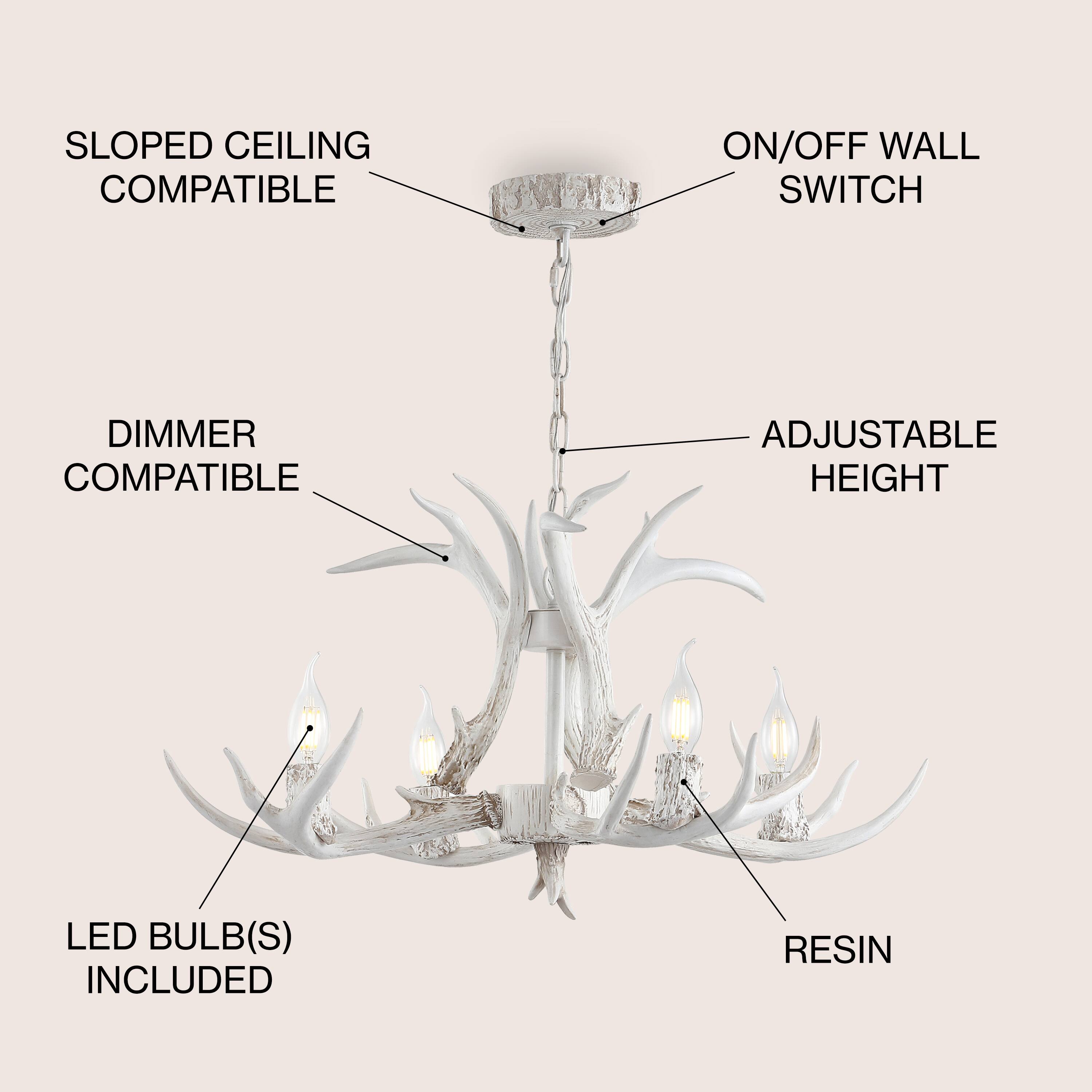 SLOPED CEILING COMPATIBLE  
ON/OFF WALL SWITCH  
DIMMER COMPATIBLE  
ADJUSTABLE HEIGHT  
LED BULB(S) INCLUDED  
RESIN