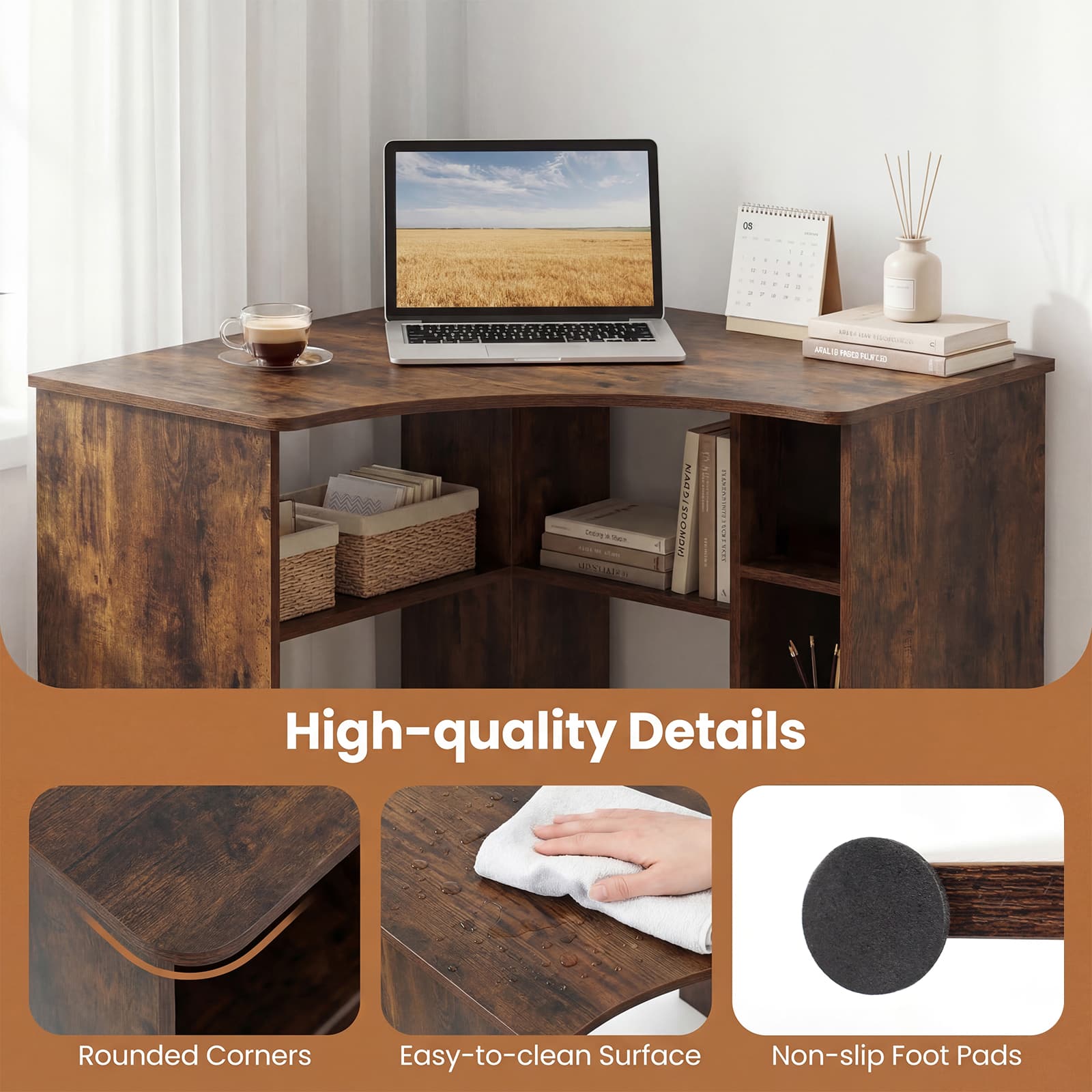 Costway Corner Desk with Charging Station, Ergonomic Curved Edge