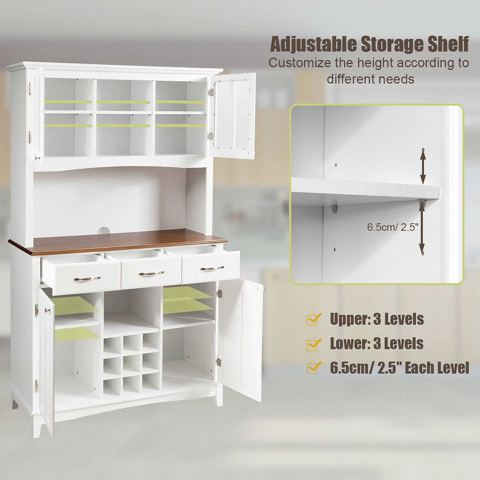 Adjustable Storage Shelf, Customize the height according to different needs, Upper: 3 Levels, Lower: 3 Levels, 6.5cm/2.5" Each Level