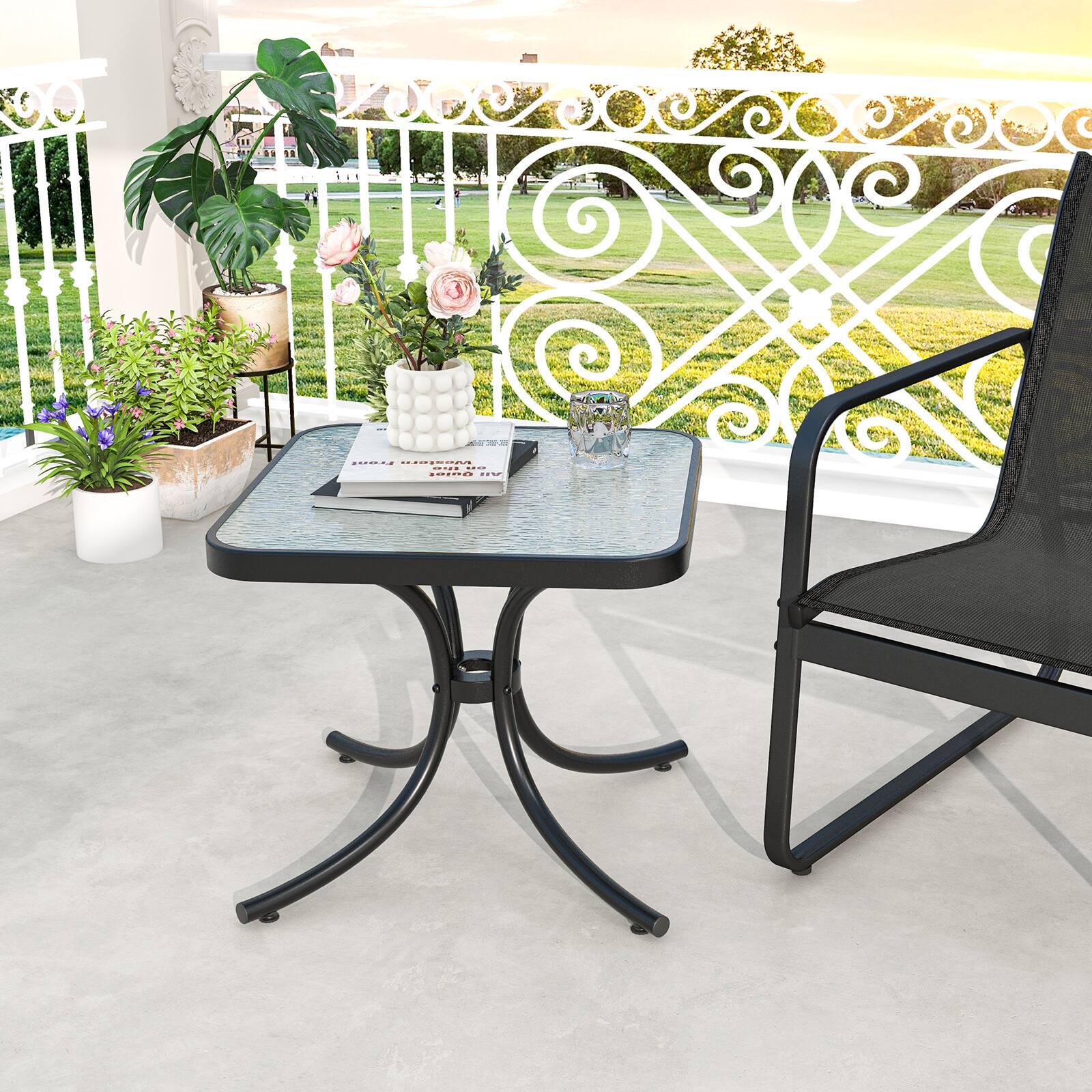 Alt View 3. Gymax - Gymax 2PCS 20'' Outdoor Side Table w/Tempered Glass Top  Metal Frame Patio End Table - Black.