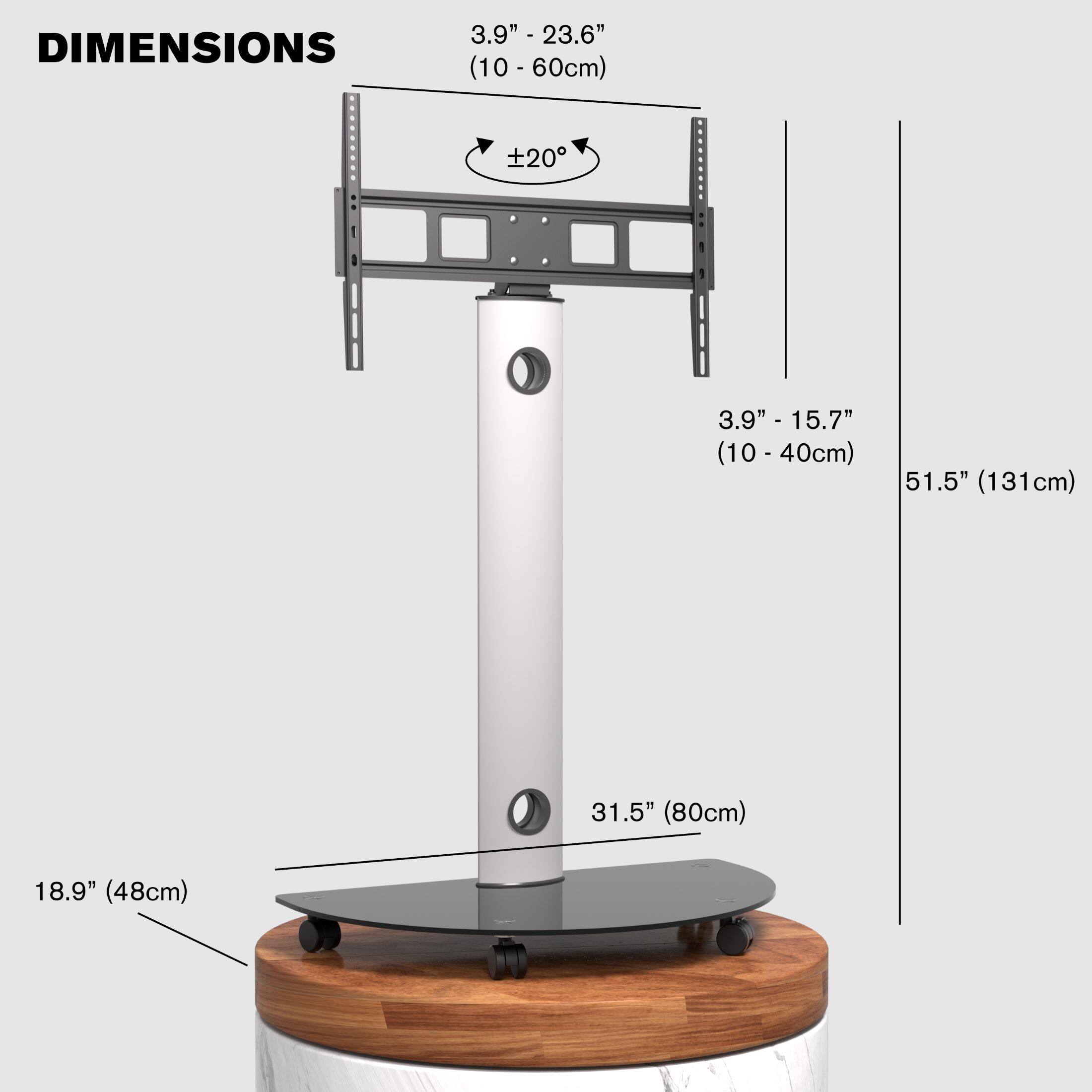 DIMENSIONS

- 3.9" - 23.6" (10 - 60cm)
- 3.9" - 15.7" (10 - 40cm)
- 51.5" (131cm)
- 31.5" (80cm)
- 18.9" (48cm)
- ±20°