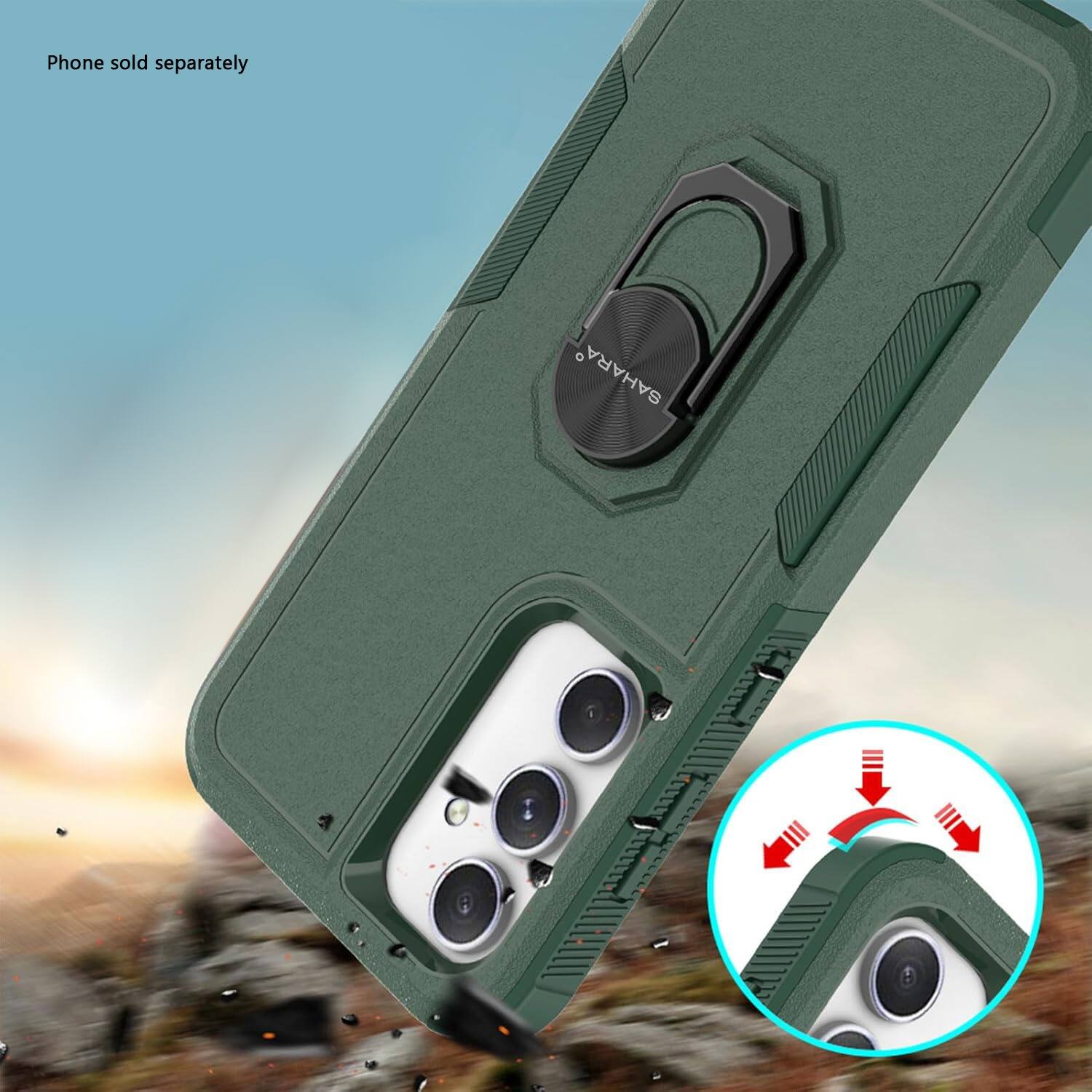 The image shows a green cell phone case with a camera on the back. The case is designed to protect the phone and enhance its functionality. The case is shown in a close-up view, highlighting its features. The text "Phone sold separately" indicates that the phone itself is not included in the case and must be purchased separately. The Sahara case is designed to provide durability and protection for the phone while also adding a camera to the back, making it a practical and functional accessory for the device.
