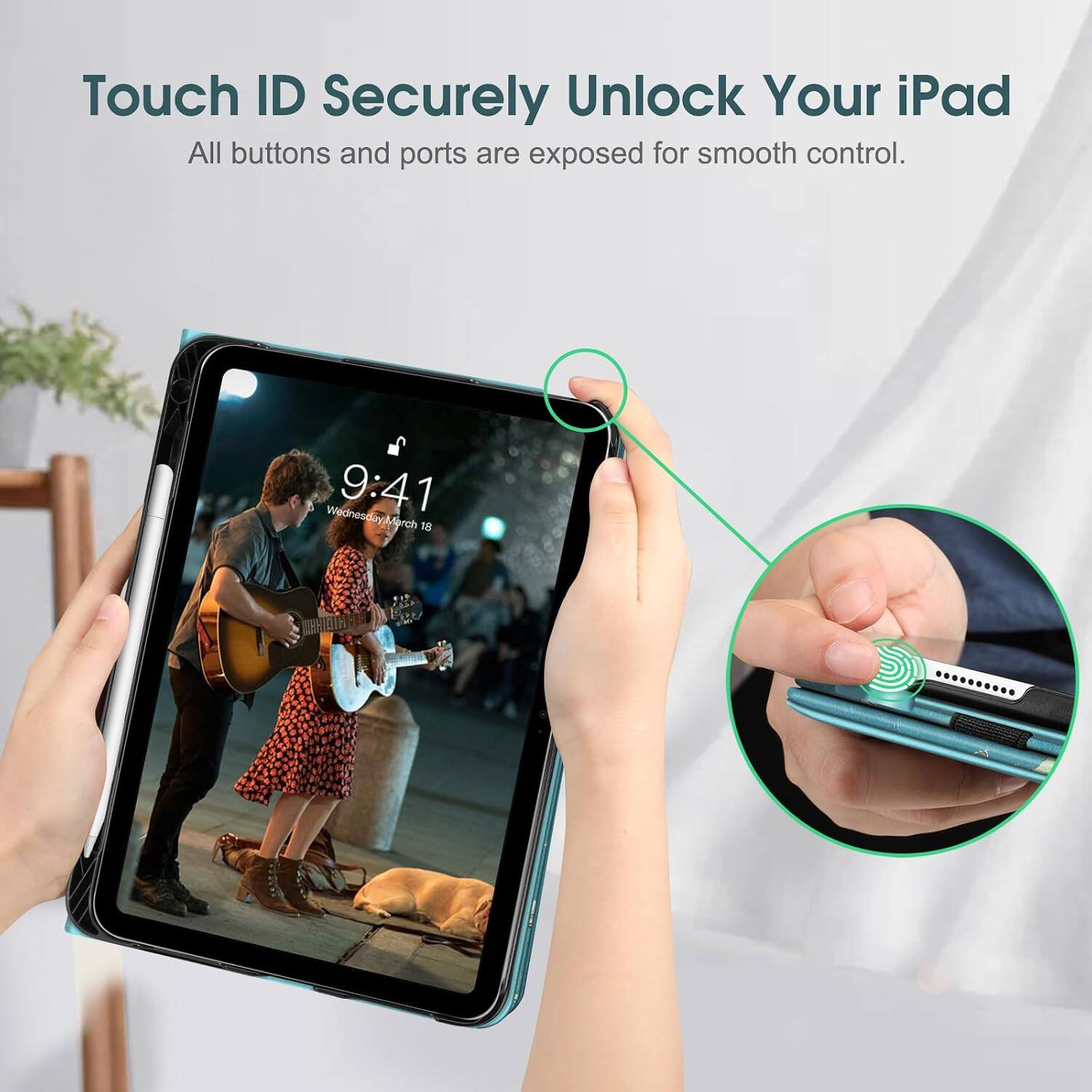 Touch ID Securely Unlock Your iPad  
All buttons and ports are exposed for smooth control.  

Wednesday 9:41 March 18