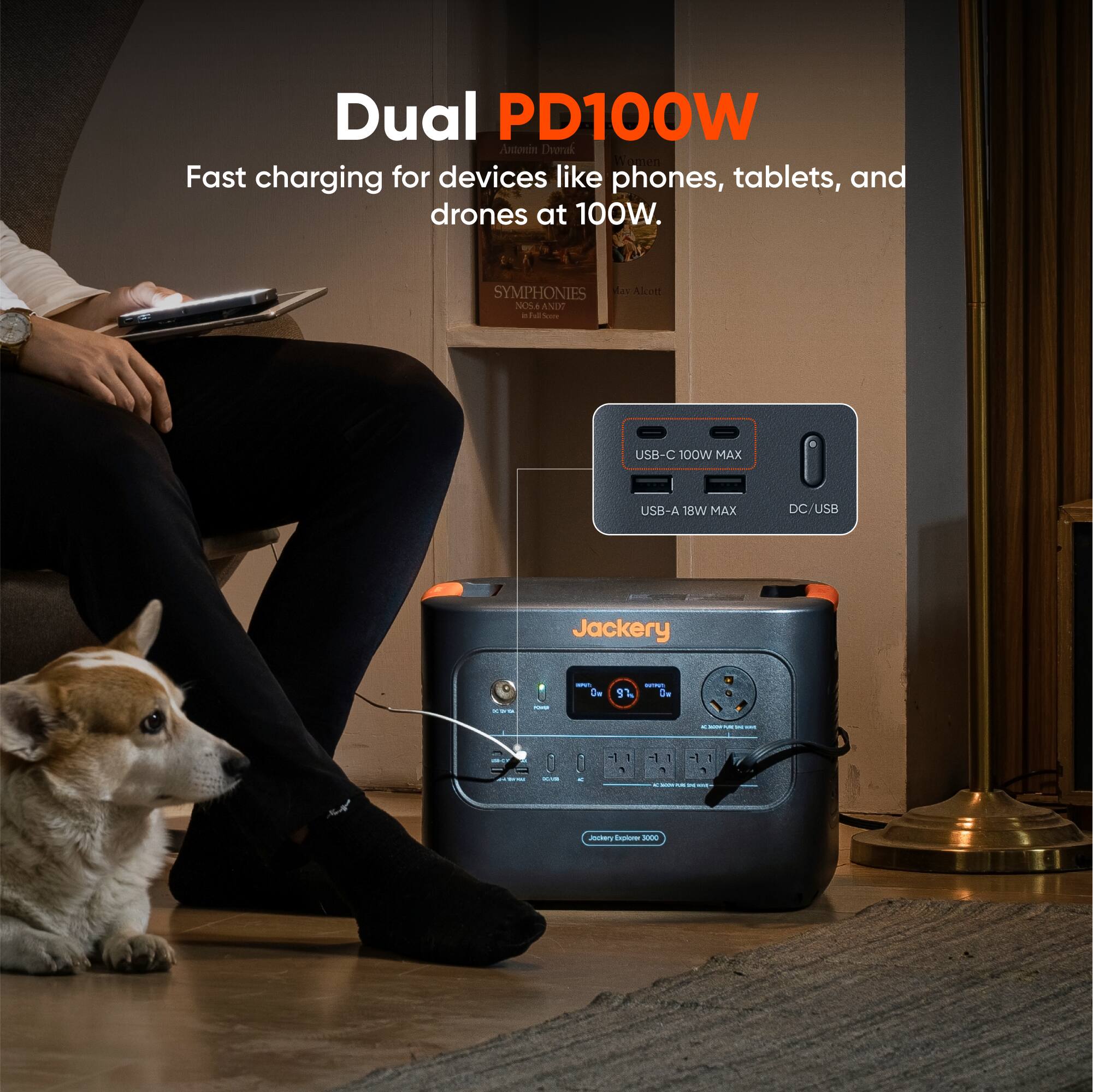 Dual PD100W  
Fast charging for devices like phones, tablets, and drones at 100W.  

USB-C 100W MAX  
USB-A 18W MAX  
DC/USB  

Jackery  
Jackery Explorer 300