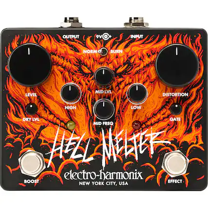 OUTPUT 9V +
INPUT
NORM BURN
LEVEL
MID LVL
HIGH
LOW
DRY LVL
MID FREQ
DISTORTION
FREQ
GATE
BOOST
EFFECT
electro-harmonix
NEW YORK CITY, USA