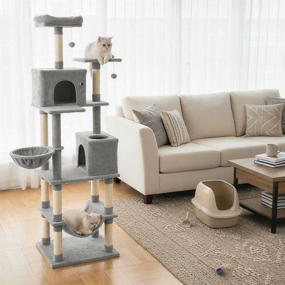 Angle. Kadyn - 80-Inch Tall Large Cat Tree with Two Big Condos and Hanging Toys, Light Gray - Gray.