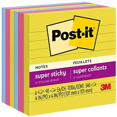 Post-it
FEUILLETS NOTES collants sticky super super
2x LADHÉRENCE STICKING POWER
6 EA/CH. X 4 IN/PO (101 mm) X 4 IN/PO (101 mm)
TOTAL/CONT. 540
3M