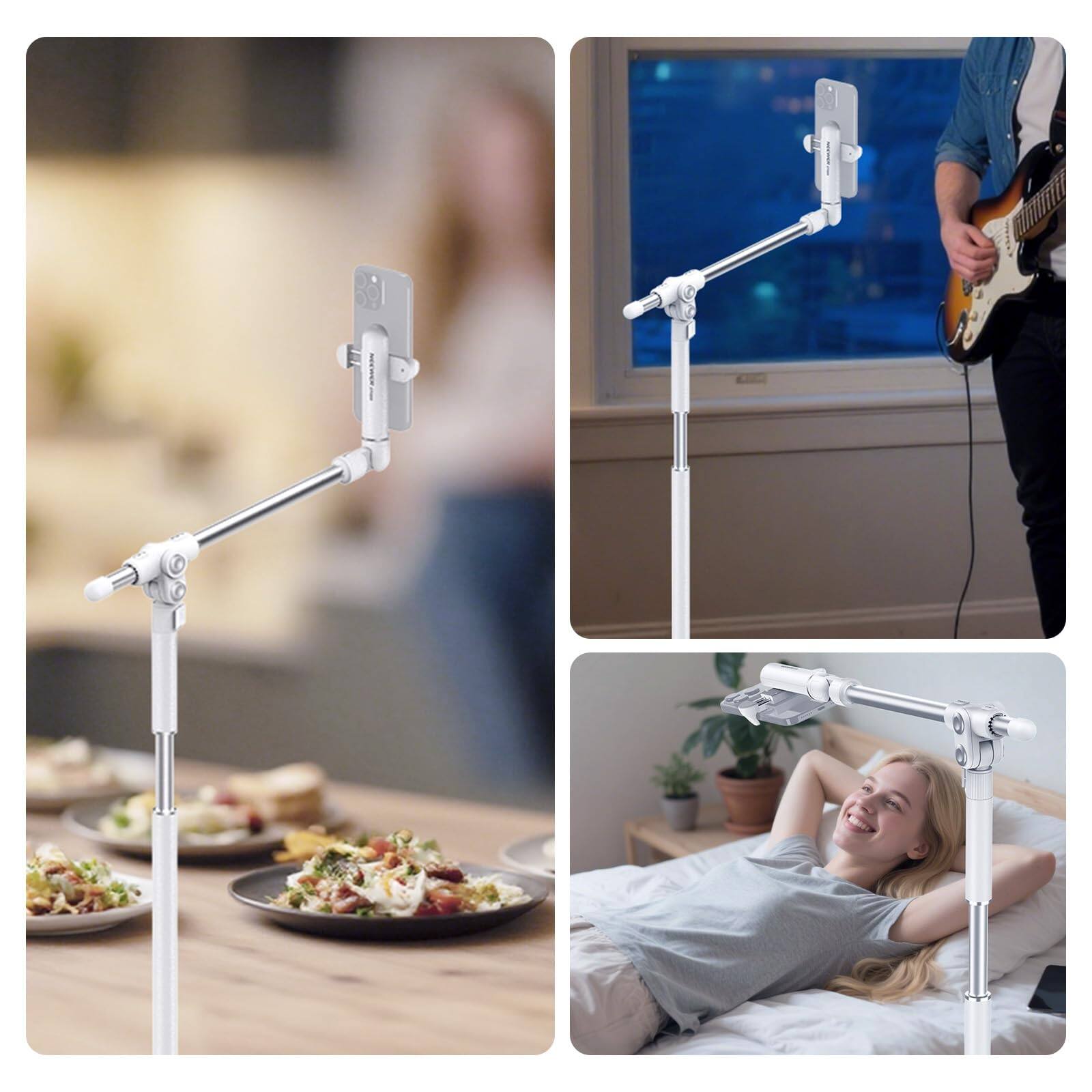 Alt View 2. Neewer - Basics Phone Floor Stand with Horizontal Arm, Adjustable, Weighted Base, ST009 - White.