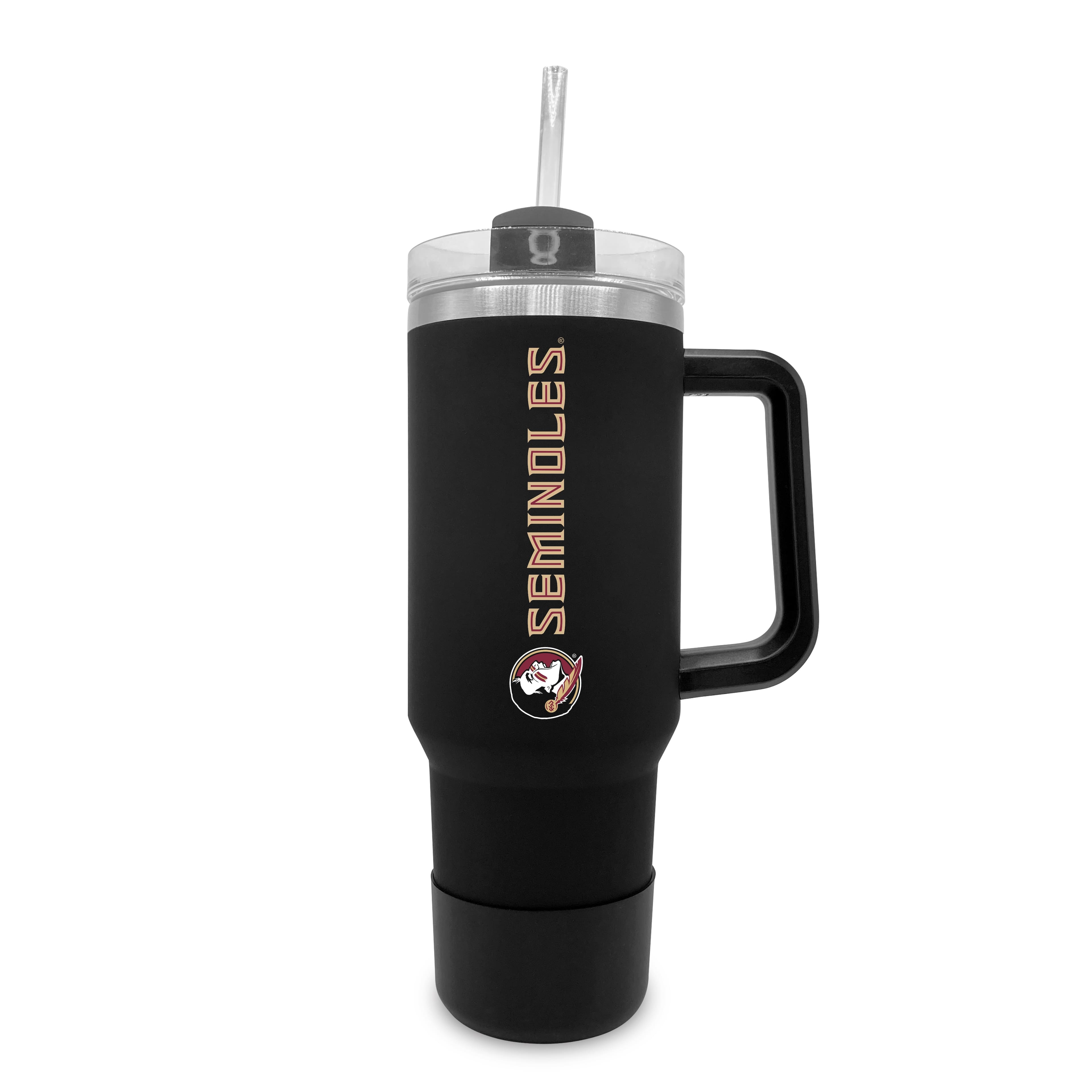 Front. The Fanatic Group - Florida State Seminoles 40oz. Stainless Tumbler with Handle & Removable Straw - Black.