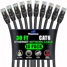 Maximm - Cat 6 Ethernet Cable 30 ft (10-Pack) - UTP, 10Gbps, 550MHz