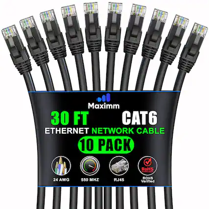 Maximm 30 FT CAT6 Ethernet Network Cable 10 Pack RoHS Compliant 24 AWG 550 MHz RJ45 RoHS Verified