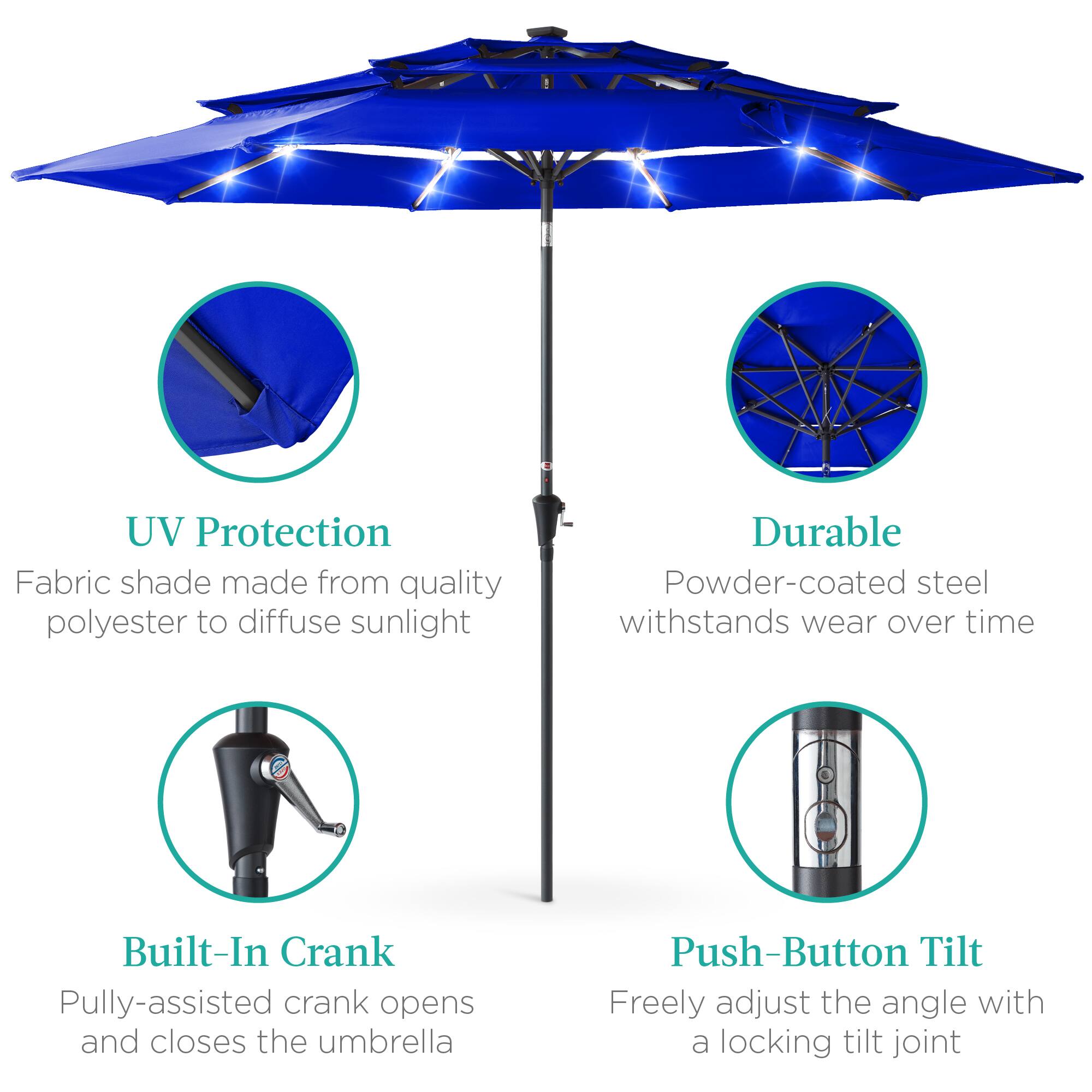 - UV Protection  
  Fabric shade made from quality polyester to diffuse sunlight

- Durable  
  Powder-coated steel withstands wear over time

- Built-In Crank  
  Pulley-assisted crank opens and closes the umbrella

- Push-Button Tilt  
  Freely adjust the angle with a locking tilt joint