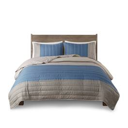 Gracie Mills - Fritz Modern Chic 3-Piece Microfiber Quilt Set with Printed Color Blocking - Taupe/Blue