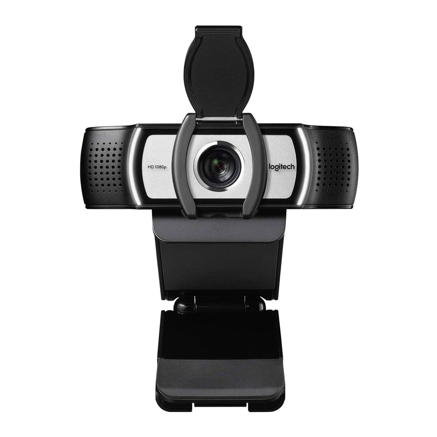 The image features a Logitech webcam that is attached to a stand. The webcam is designed for use with computers and provides high-definition video quality. The stand ensures that the webcam is positioned at the optimal angle for video conferencing and other applications.