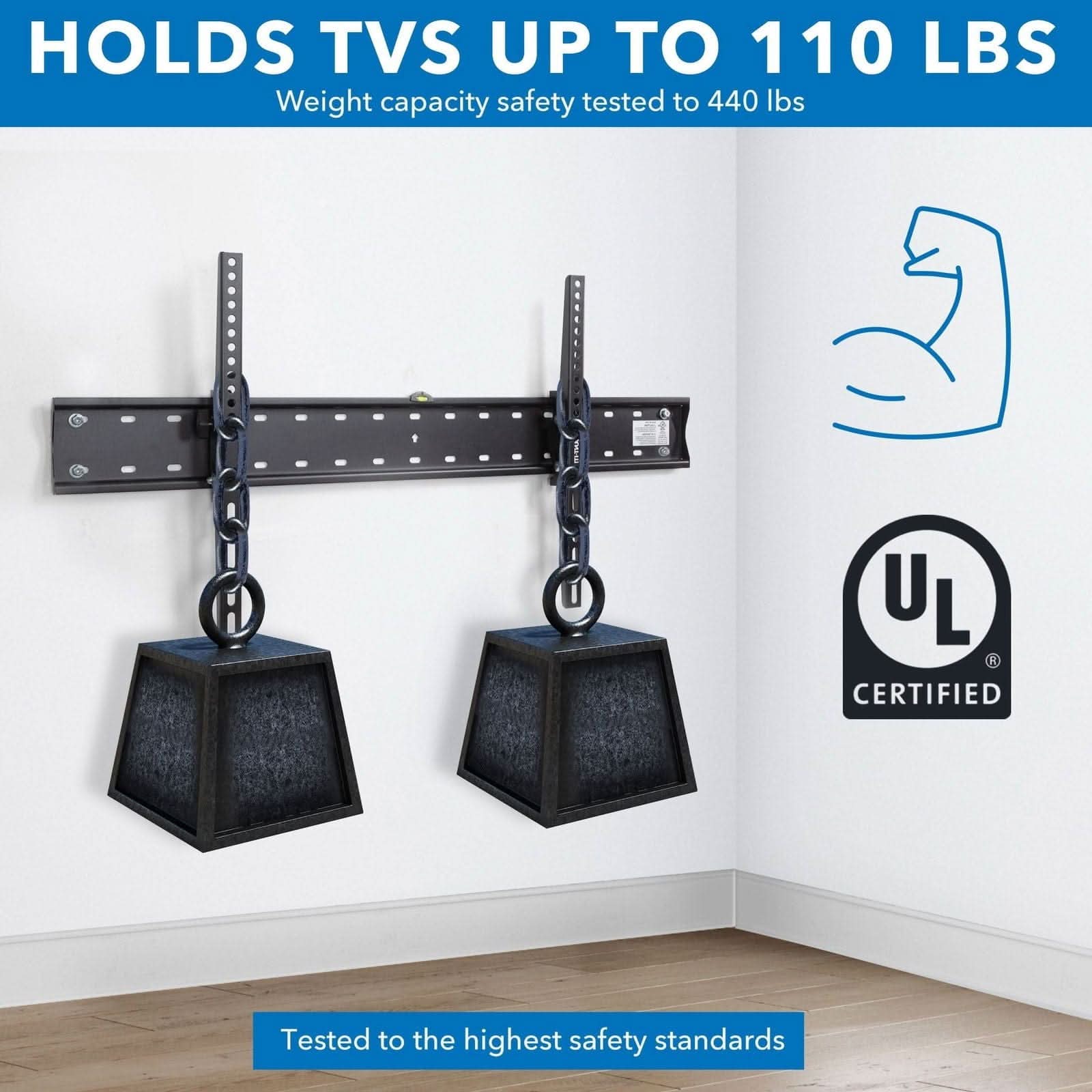 HOLDS TVS UP TO 110 LBS  
Weight capacity safety tested to 440 lbs  

UL CERTIFIED  
Tested to the highest safety standards