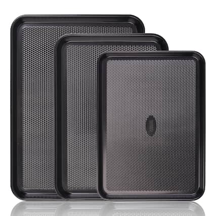 Front. Baker's Secret - Baker's Secret Baking Sheet Pan Set, 3x Cookie Sheets for Oven, Diamond Texture Premium Air Flow Dark Grey - Black.