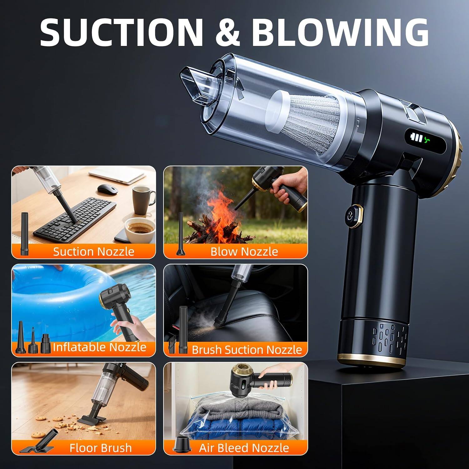 Suction & Blowing

- Suction Nozzle
- Blow Nozzle
- Inflatable Nozzle
- Brush Suction Nozzle
- Floor Brush
- Air Bleed Nozzle