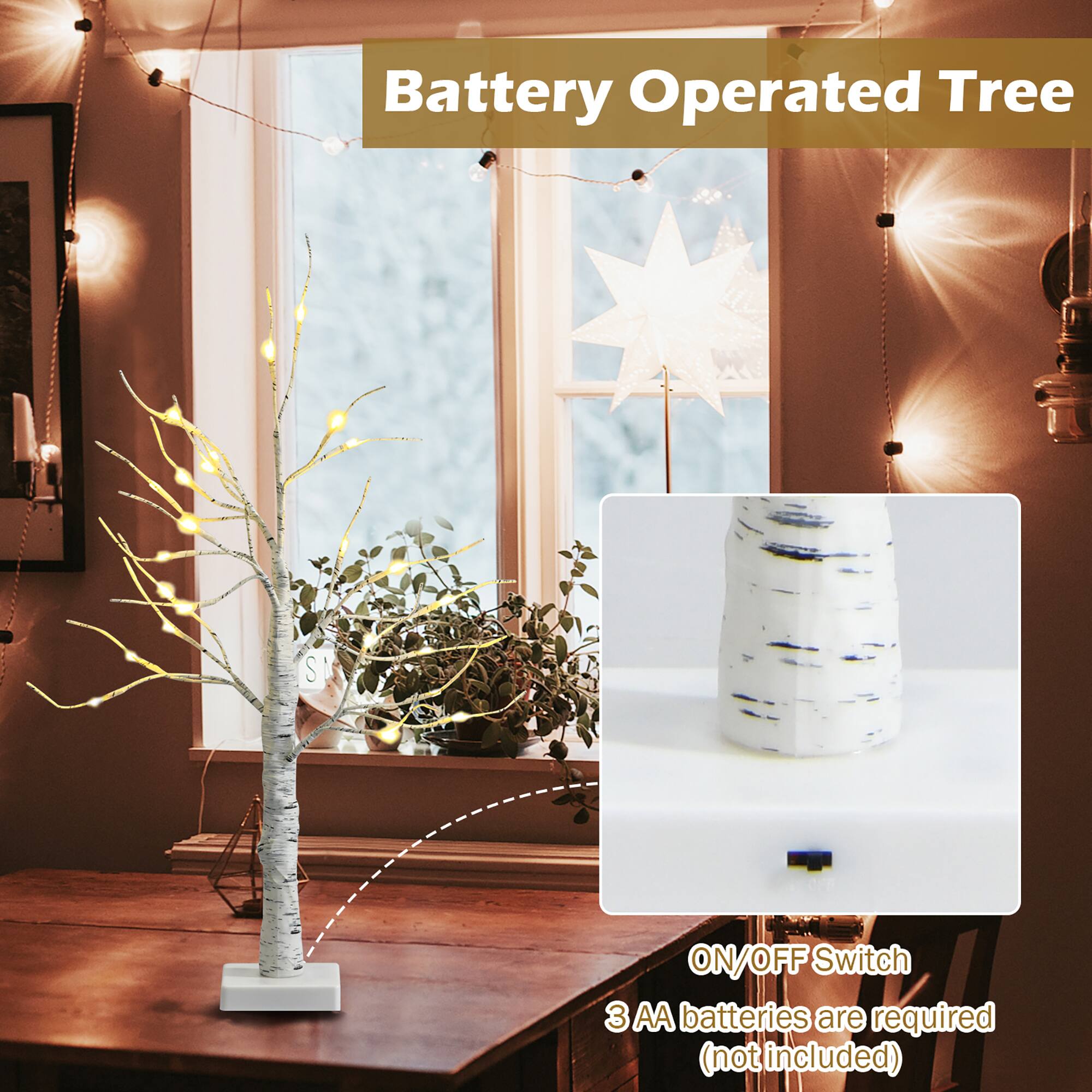Battery Operated Tree: ON/OFF Switch. 3 AA batteries are required (not included).