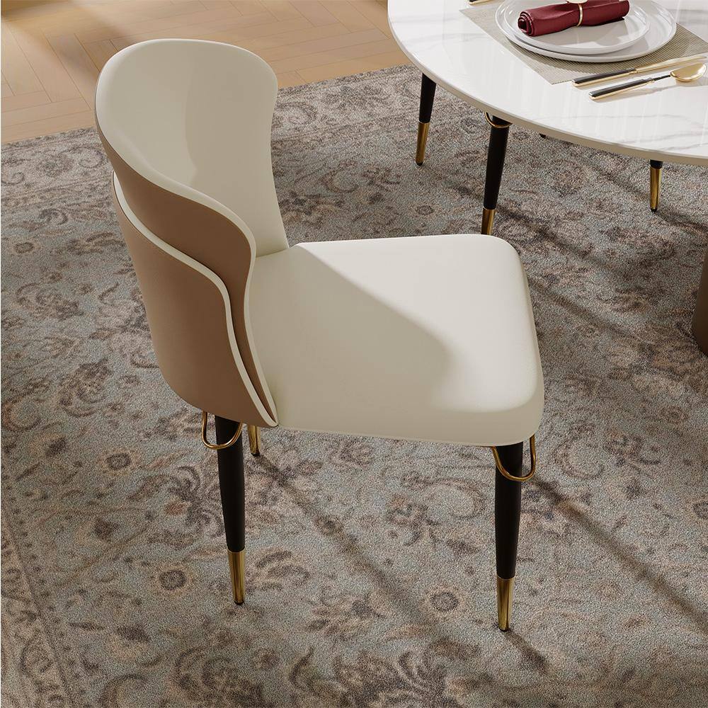 Alt View 1. POVISON - Modern Upholstered Dining Chairs Set of 2, Wingback Leather Side Chairs, Brown & Beige - Brown & Beige.