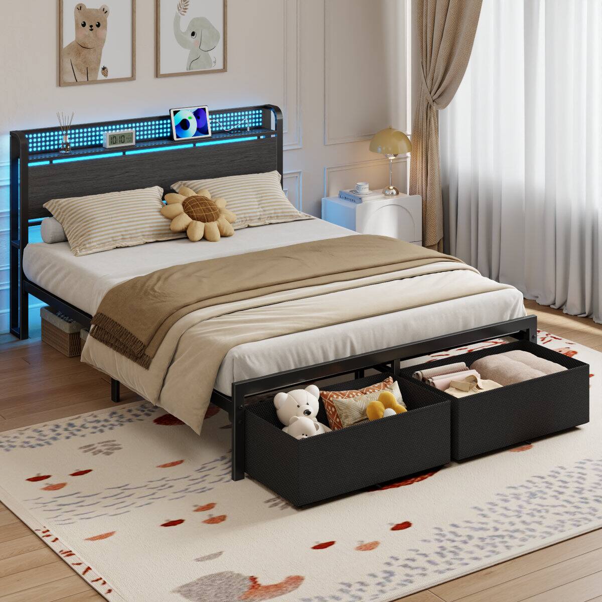 Alt View 8. Furnulem - Bed Frame with 2 Underbed Drawers and Open Storage Headboard Adjustable LED Light and Charging Station - Brown.