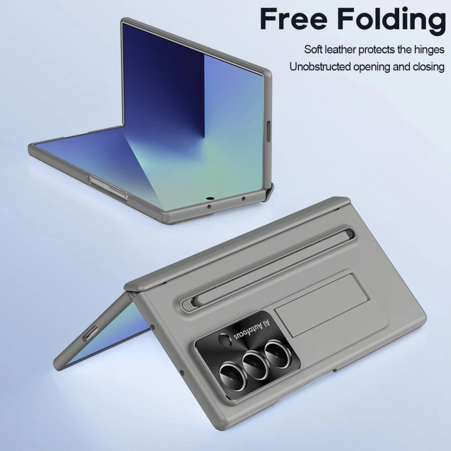 Free Folding  
Soft leather protects the hinges  
Unobstructed opening and closing