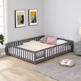 GOODSILO - Twin Size Solid Wood Platform Floor Bed with Safety Guardrails and Door for Children's Room - Gray