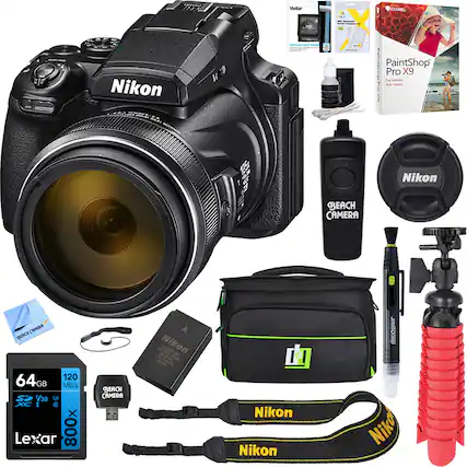 Nikon BEACH CAMERA X9
64GB 120 MB/s V30 800x Lexar Memory Card
PaintShop Pro X9
Nikon Battery
Nikon Strap
Nikon Lens Cap
Nikon Camera Bag
Nikon Tripod
Nikon Cleaning Kit
Nikon USB Cable