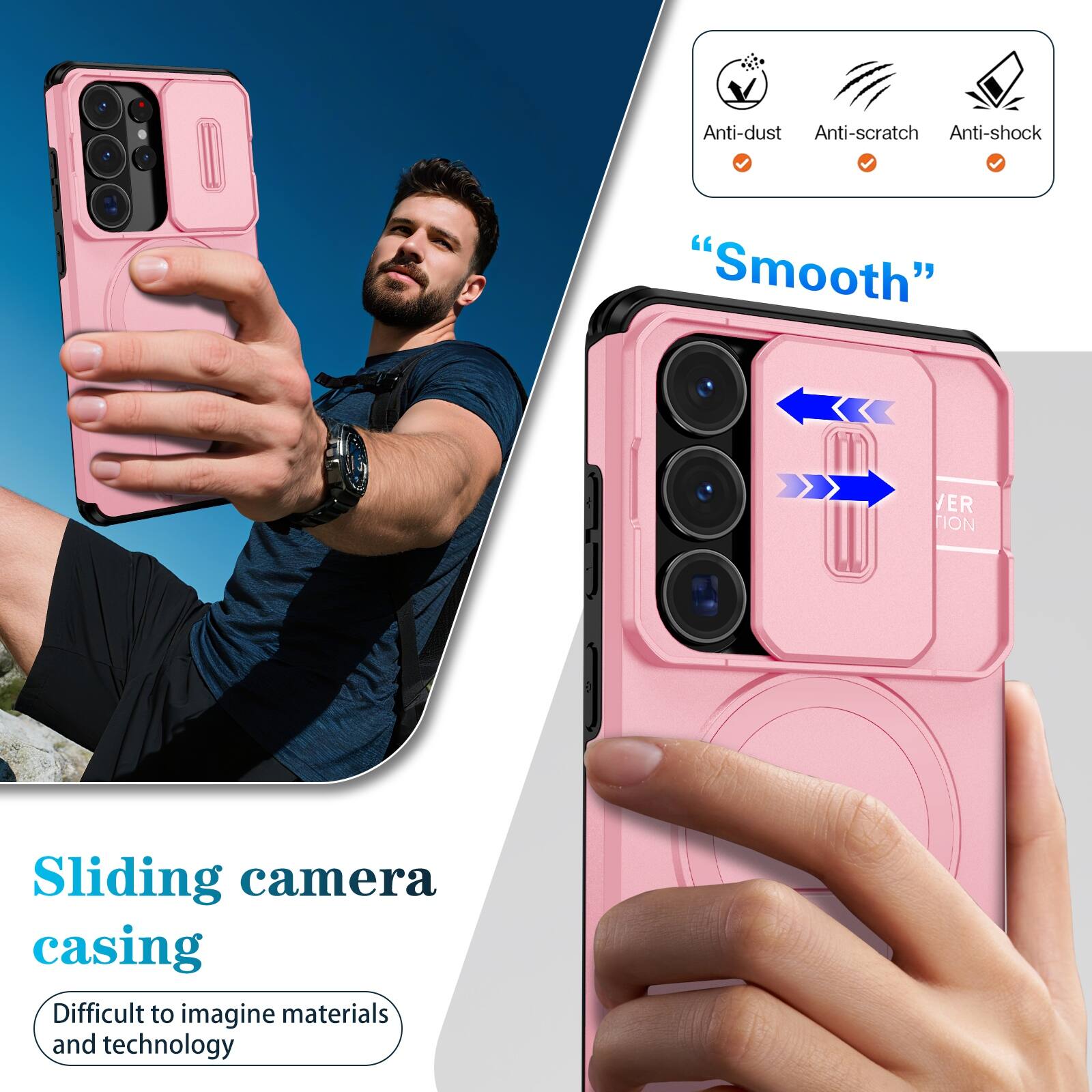 Anti-dust  
Anti-scratch  
Anti-shock  

"Smooth"  

Sliding camera casing  
Difficult to imagine materials and technology