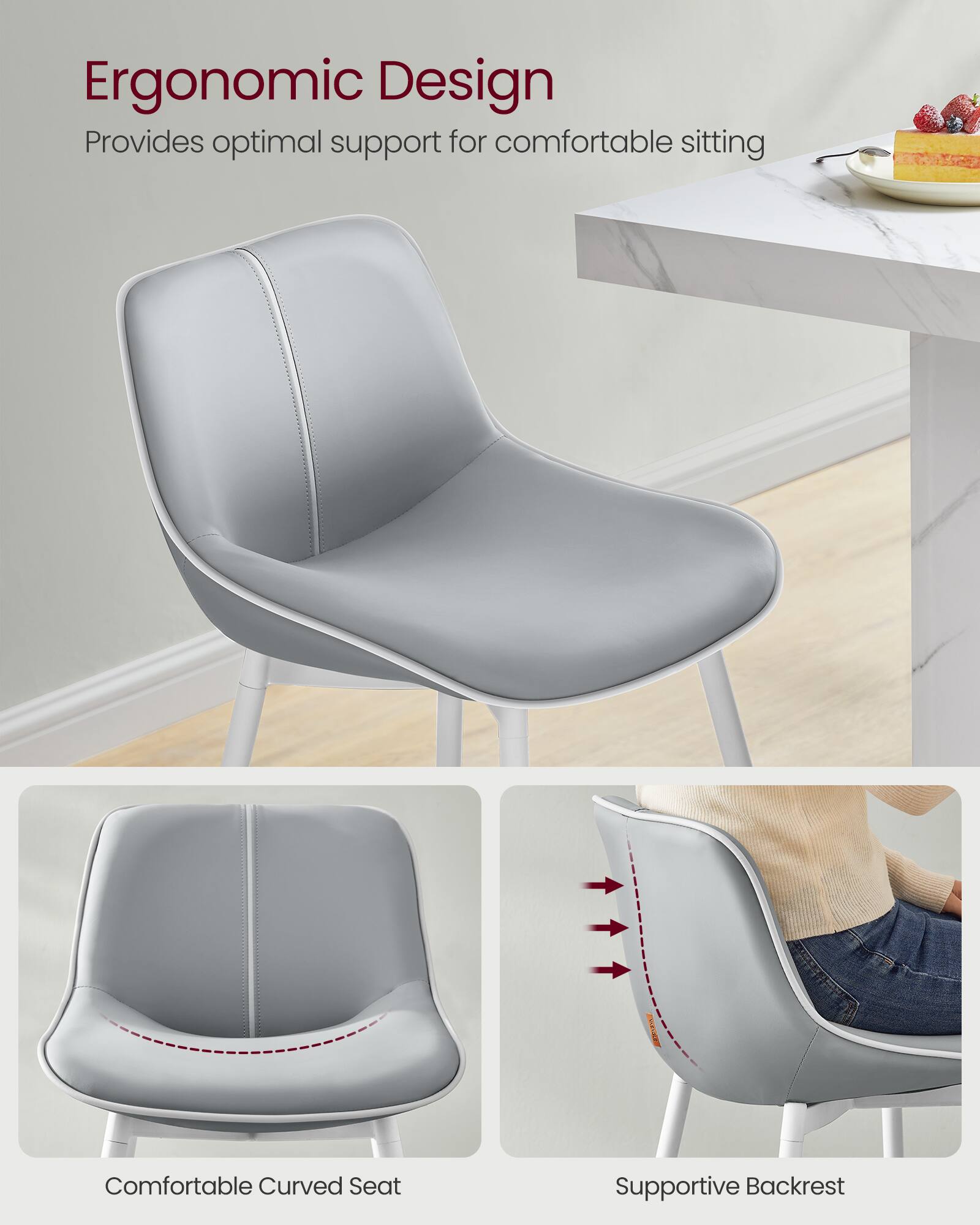 Ergonomic Design  
Provides optimal support for comfortable sitting  

Comfortable Curved Seat  
Supportive Backrest