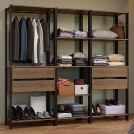 Madesa - Wardrobe Clothes Storage Rack with 4 Drawers, Open Shelves and Hanging Space 78"L - Black/Brown - Rustic/Black