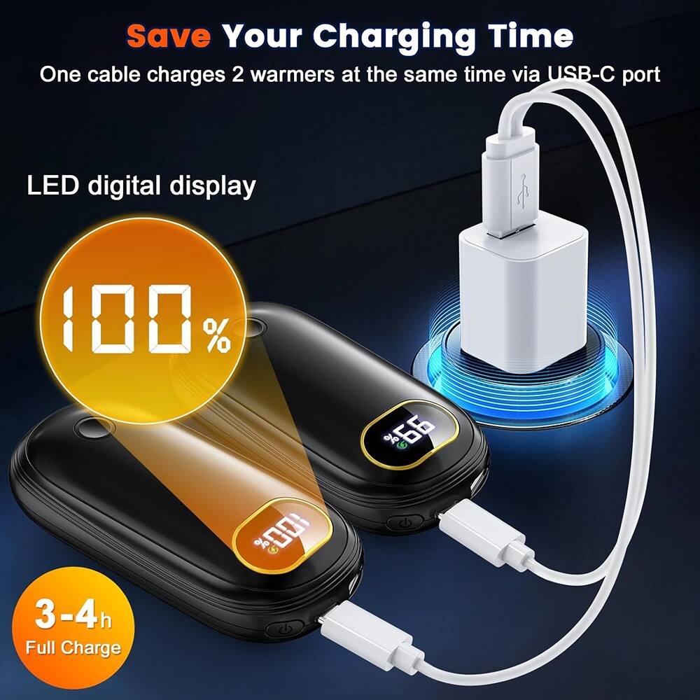 Save Your Charging Time  
One cable charges 2 warmers at the same time via USB-C port  

LED digital display  

100%  

3-4h Full Charge