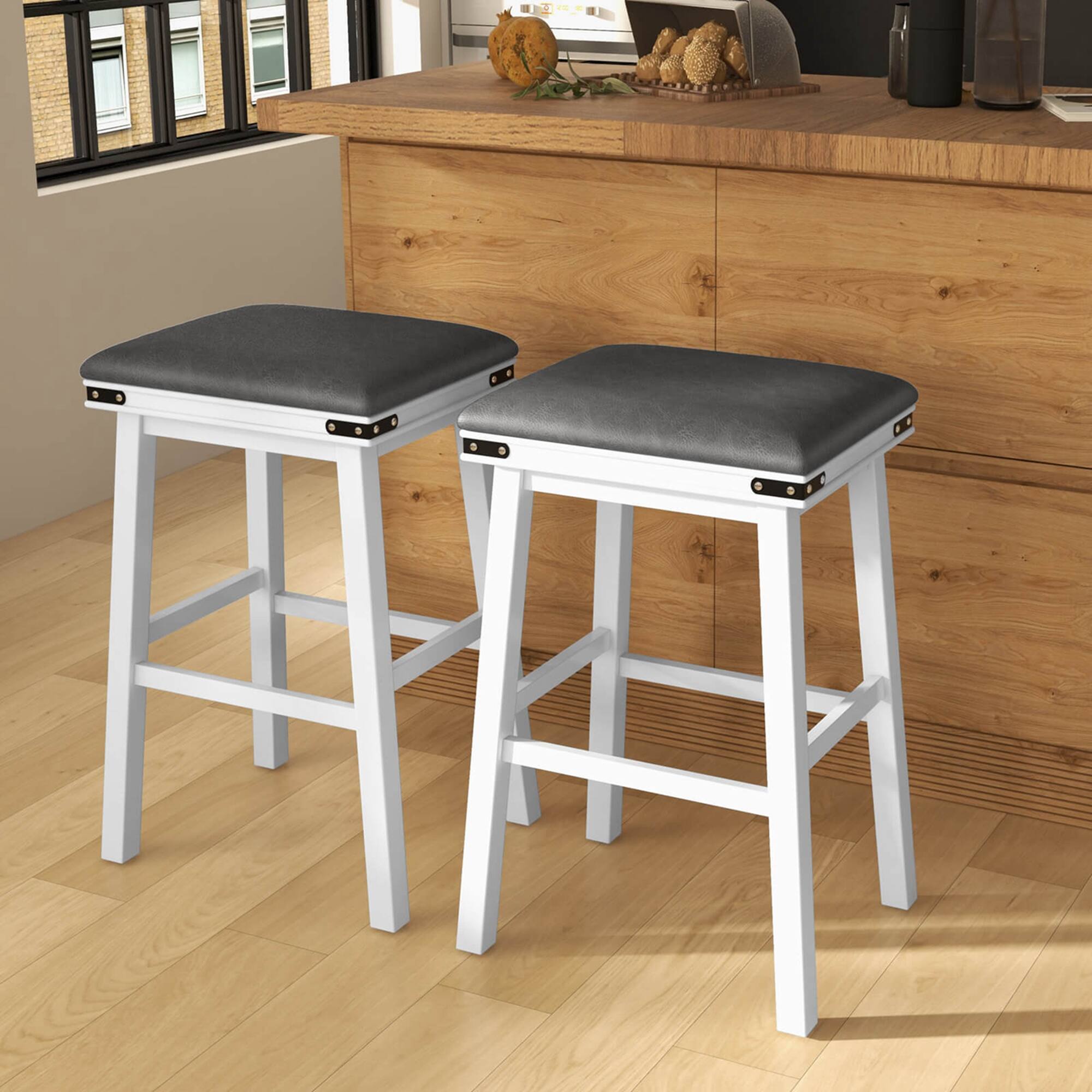 Alt View 1. Costway - 30" Dining Bar Stool Set of 2 Pub Height Padded Seat Wood Frame Kitchen - White/Gray.