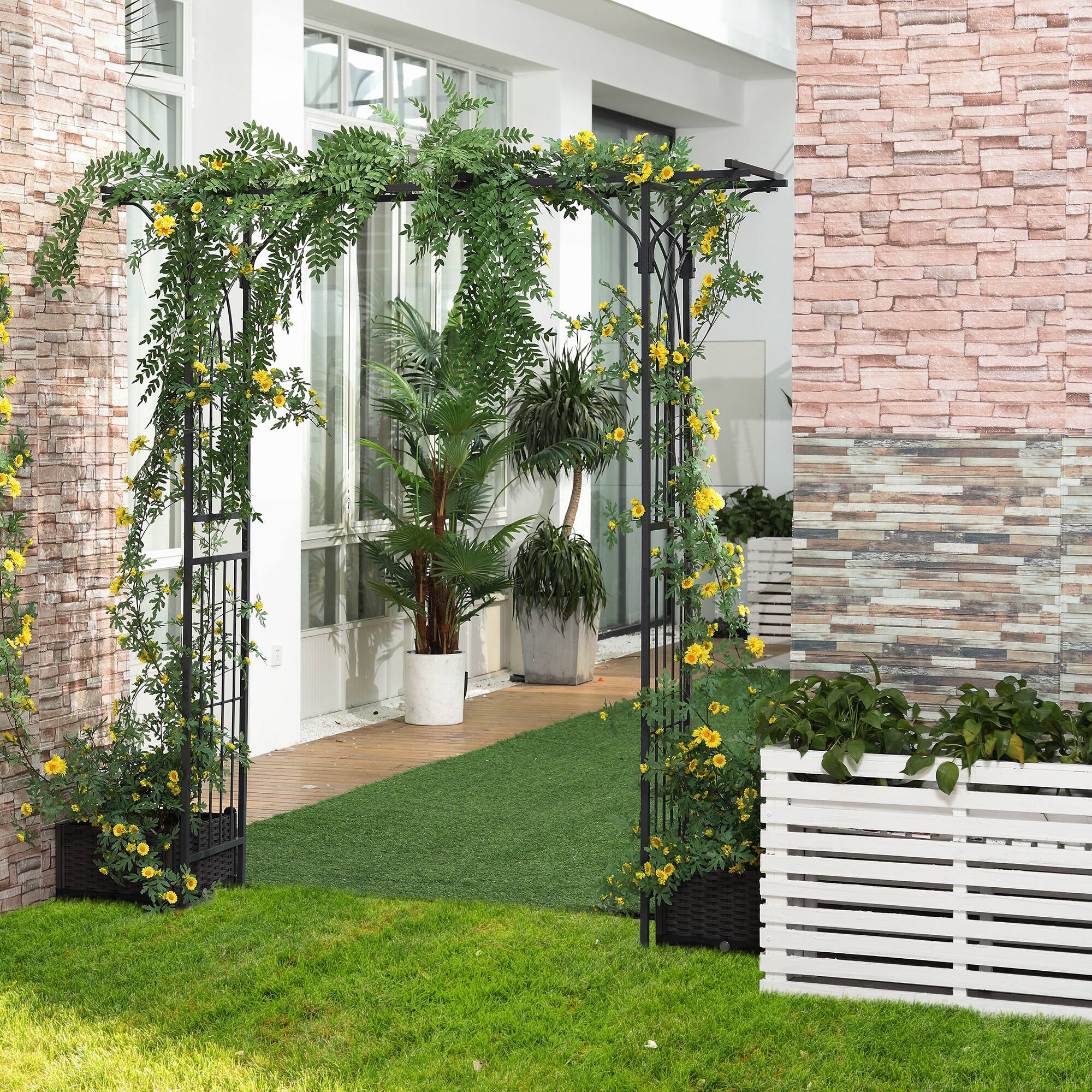 Alt View 1. Outsunny - 82'' Decorative Metal Garden Trellis Arch with Durable Steel Tubing & Elegant Scrollwork, Perfect for Weddings - Dark Gray.