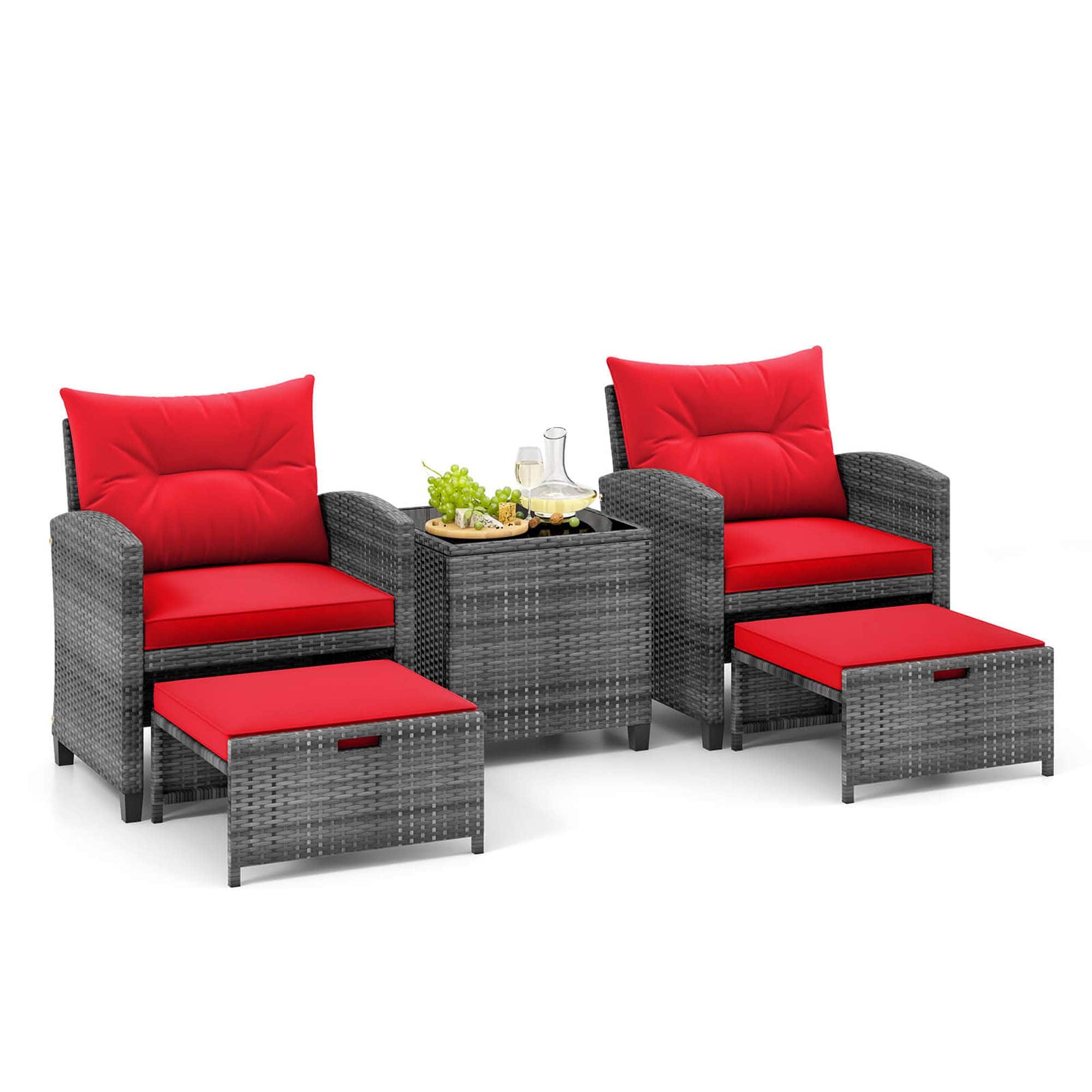 Costway - 5 Piece Patio Rattan Furniture with 2 Ottomans & Tempered Glass Coffee Table - Red