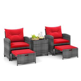 Costway - 5 Piece Patio Rattan Furniture with 2 Ottomans & Tempered Glass Coffee Table - Red