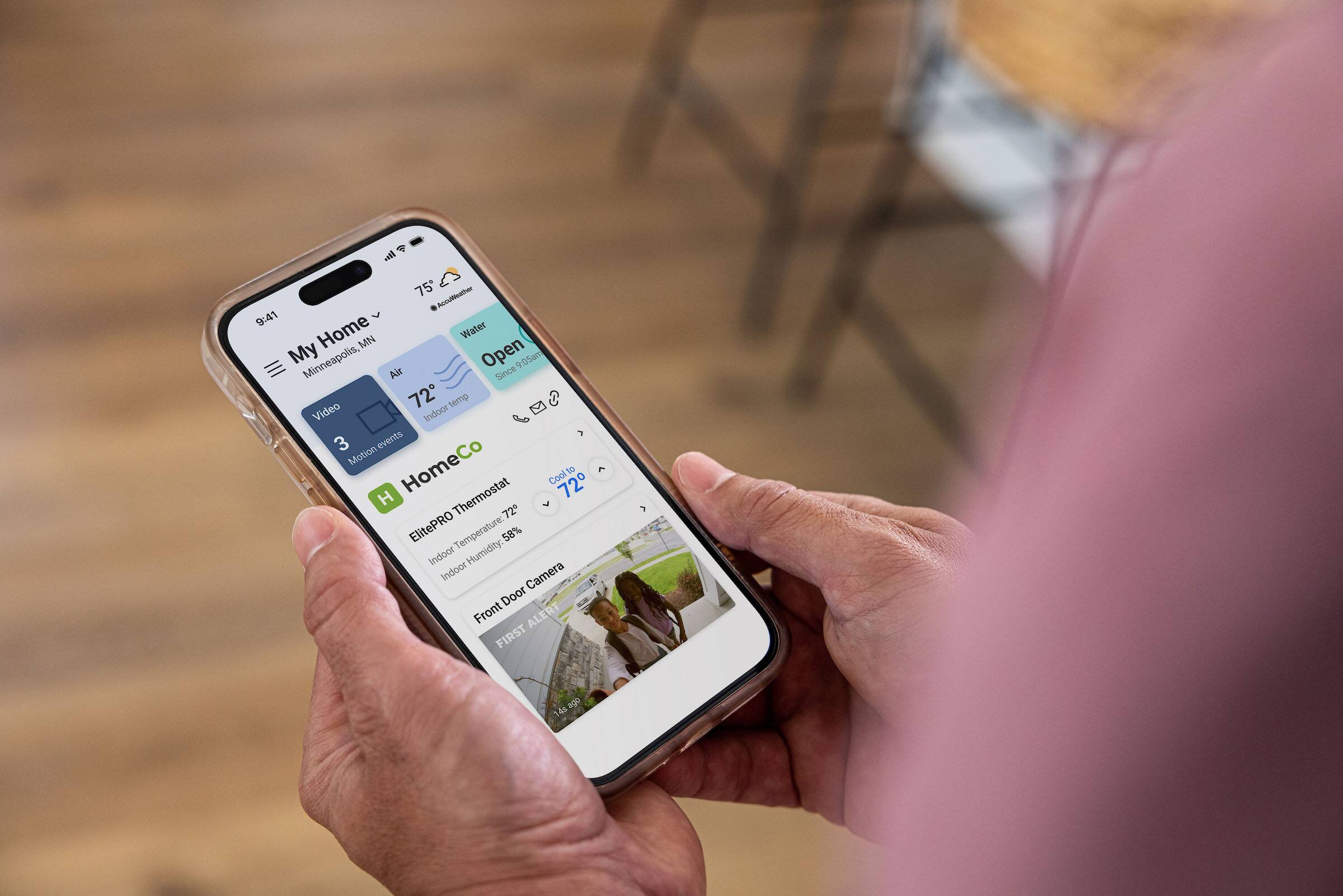 ol 75 Accudibathes 9:41 Home Water MN My Minneapolis, Air Open Since 05am 72 temp Video Indoor 3 events Motion HomeCo to Cool 72 H Thermostat 72 ElitePRO Temperature: 58% Indoor Humidity: Indoor Camera Door Front ALE FIRST ALERT