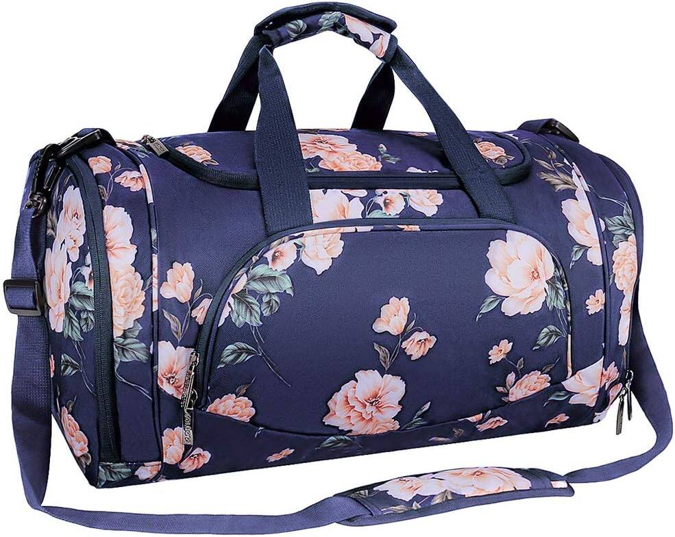 Front. mosiso - Peony Sports Duffel Bag for Women & Men, Gym Bag with Shoe Compartment for Dance, Travel & Weekend Trips - Blue.