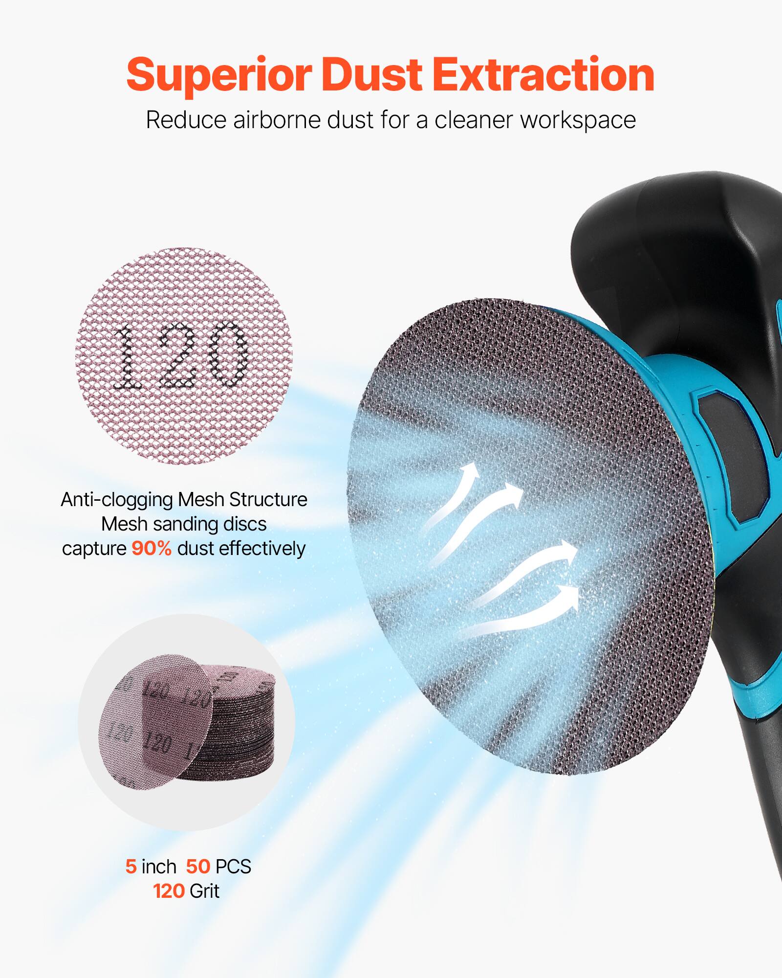 Superior Dust Extraction  
Reduce airborne dust for a cleaner workspace  

Anti-clogging Mesh Structure  
Mesh sanding discs capture 90% dust effectively  

5 inch 50 PCS  
120 Grit