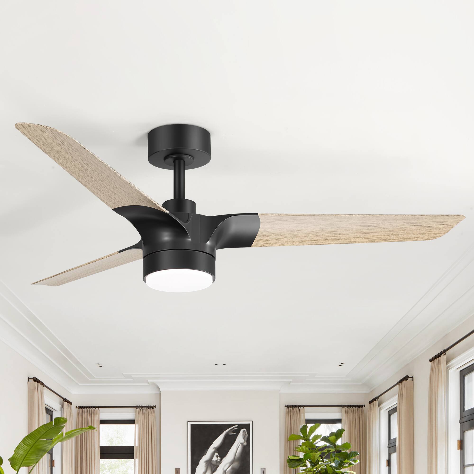 Alt View 1. Breezary - 52-In Vintage Ceiling Fan with 3 Dual-Finish Blades, 3-Color Light, DC Motor, 6-Speed Remote Control with Timer - Matte Black and Light Wood Grain.