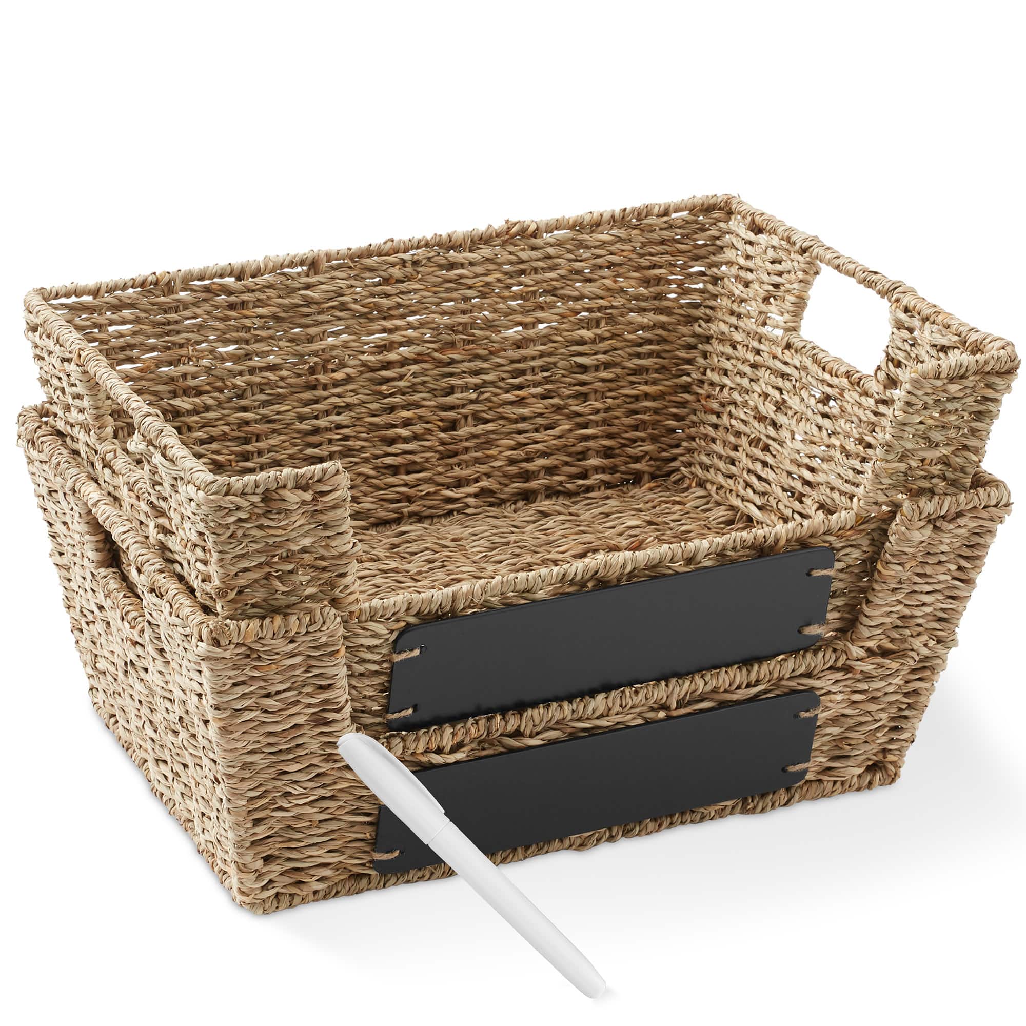 Casafield - 2pk Seagrass Water Hyacinth Pantry Baskets with Handles - Wide Kitchen Bins - Natural - Seagrass