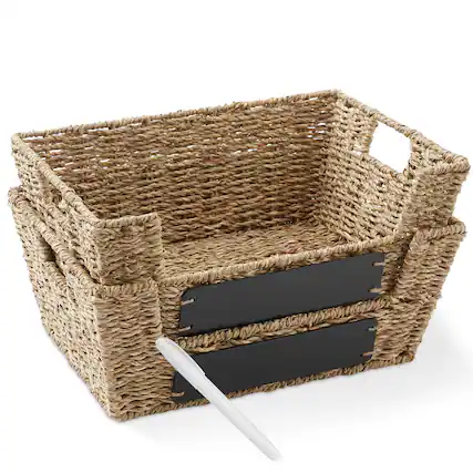 Front. Casafield - 2pk Seagrass Water Hyacinth Pantry Baskets with Handles - Wide Kitchen Bins - Natural - Seagrass.