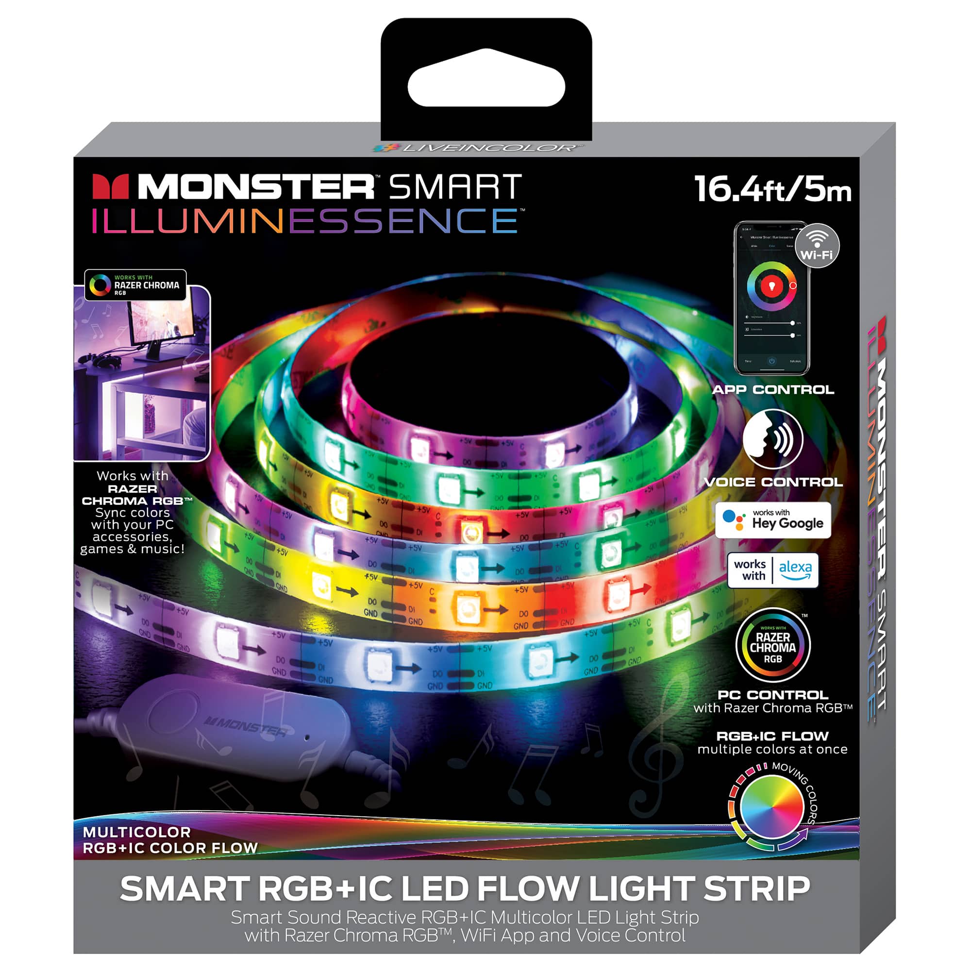 Monster - Smart 16.4ft Sound Reactive Multi-Color Color Flow LED Light Strip - Multicolor
