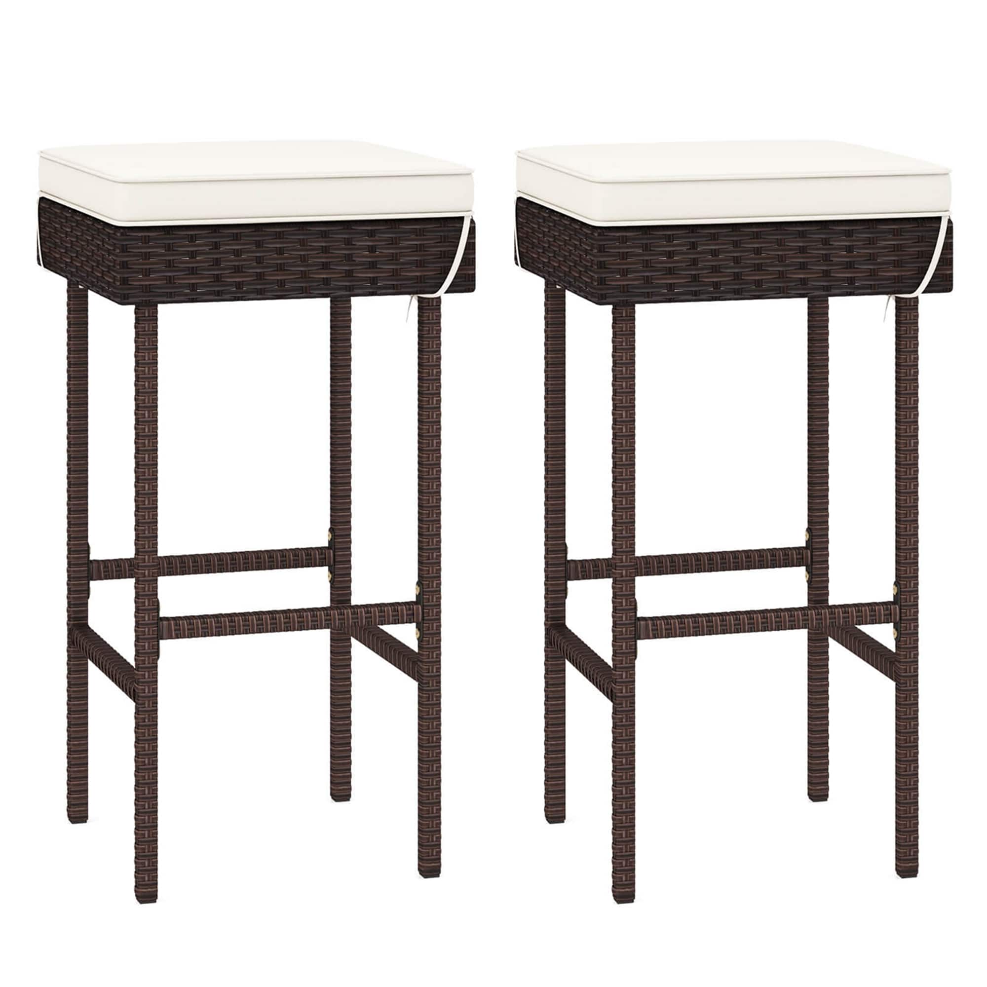 Front. Costway - Patio Rattan Barstools Set of 2 Outdoor Wicker Bar Height Chairs with Footrest - Off White,Mix Brown.