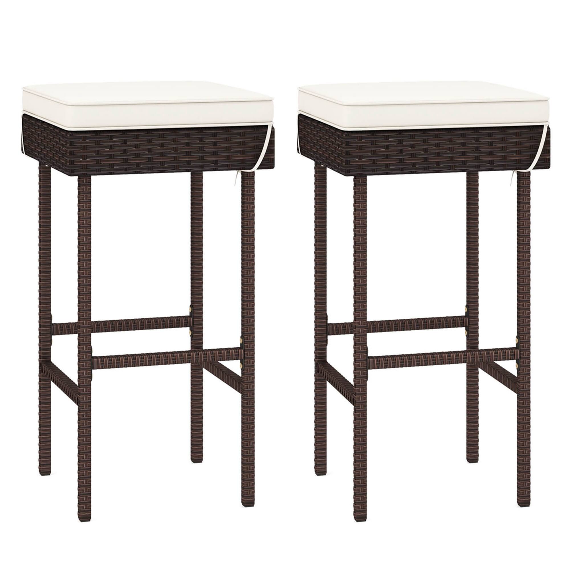 Costway - Patio Rattan Barstools Set of 2 Outdoor Wicker Bar Height Chairs with Footrest - Off White,Mix Brown