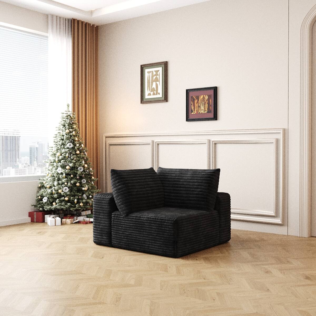 Front. Ropilly - Ropilly Black Modular Sectional Sofa with Plush Corduroy Fabric, Deep Seat Upholstered Couch - Black.